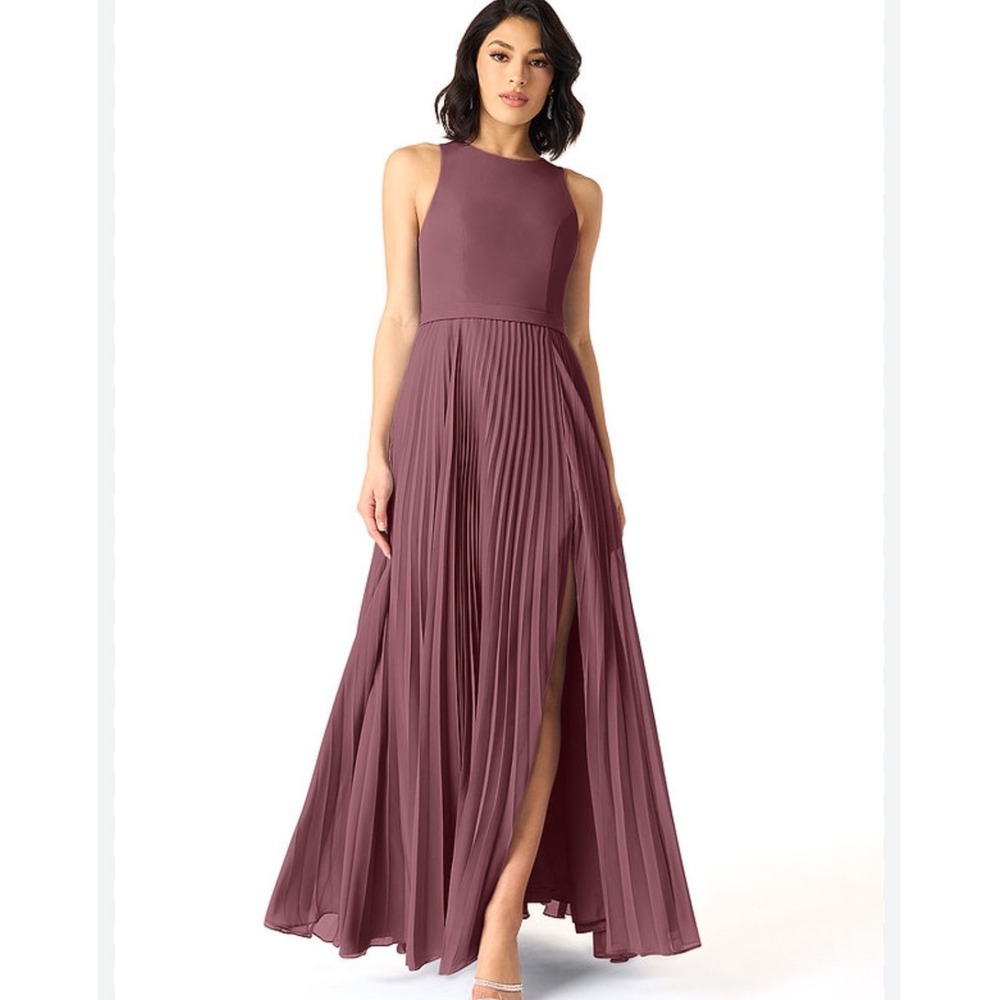 Azazie Mauve‎ High Neck Pleated Maxi Bridesmaid Dress Size 6 Prom Formal